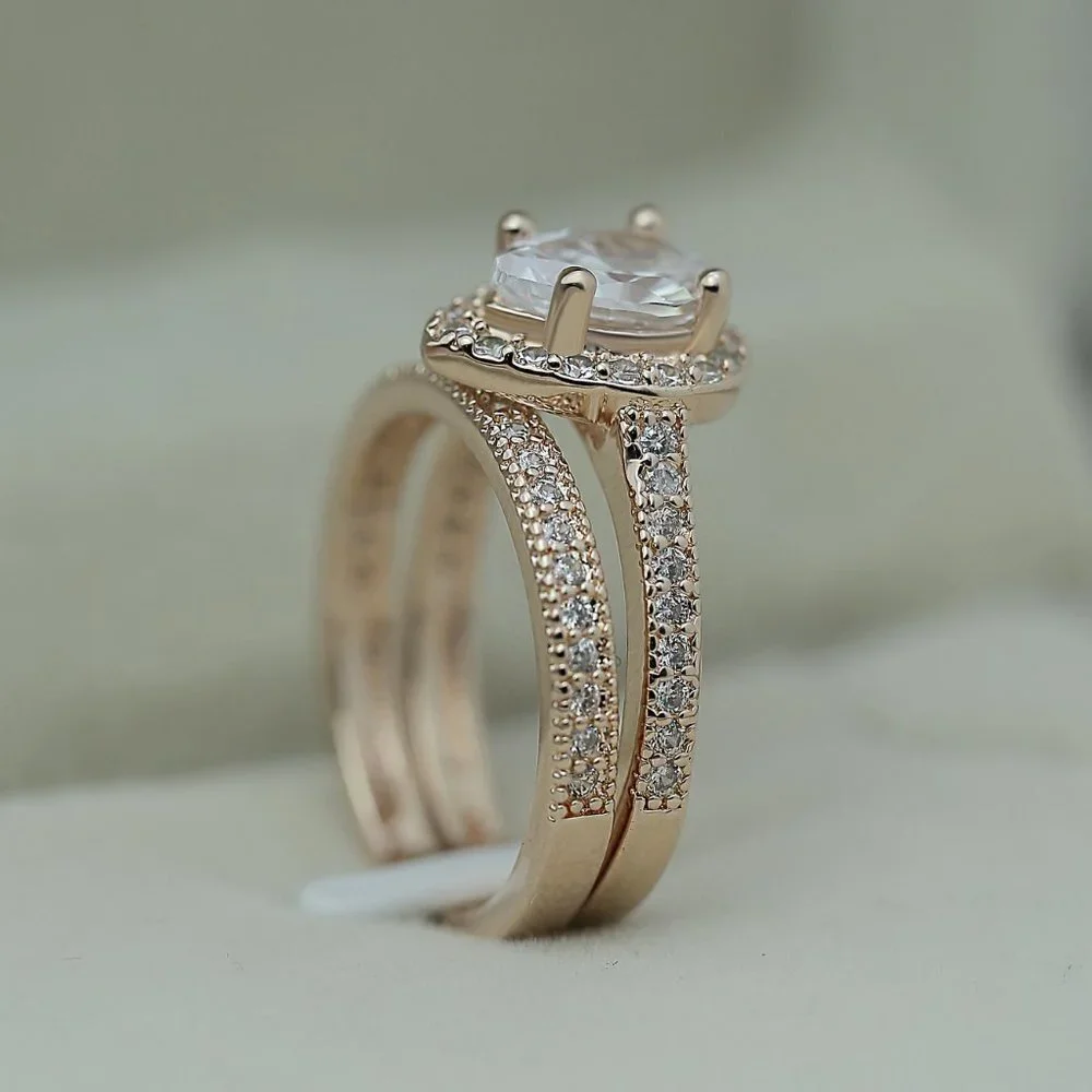 💎 Elegant Beautiful Pear Micro Pave Water Drop Rose Gold Ring Set Women, VIP393 - Picture 3 of 4